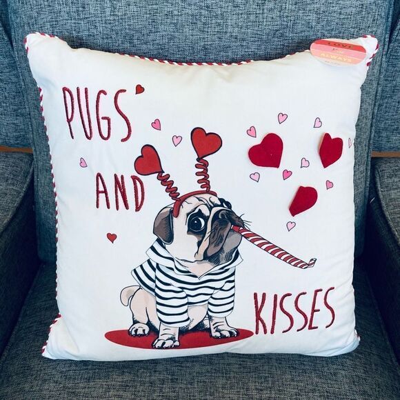 Valentine Pugs & Kisses Plush Throw Pillow - Picture 1 of 3